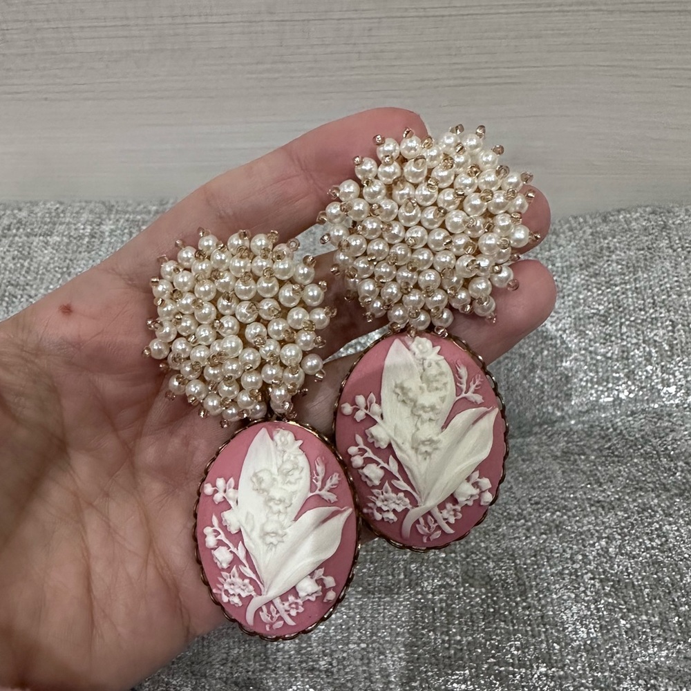 Nicola Bathie Lily of the Valley Pearl Cameo Earrings